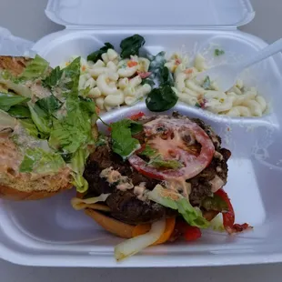 a burger and macaroni salad