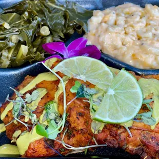 Caribbean chicken, 5 cheese Mac n cheese , collard greens