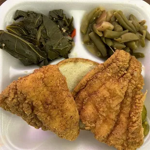 Fried Catfish with collard greens and green beans
