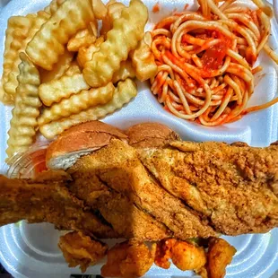 Catfish spaghetti and fries
