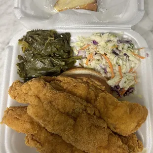 Fried Whiting with collard greens and coleslaw.