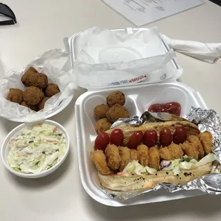 Shrimp Po Boy Dinner with slaw and hush puppies