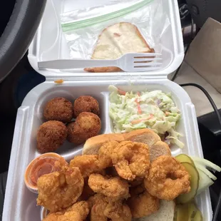 Shrimp Plate with coleslaw and hush puppies.