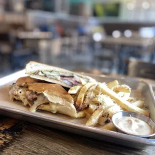 Cubano - pork belly, ham, swiss, house pickle, dijon, aioli, cuban roll Pecorino Fries - pecorino cheese, herbs