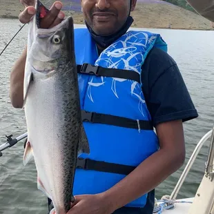 Waruna with his very first fish ever- 23&quot; 4# king, Folsom, April &apos;21
