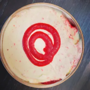 Strawberry Lemonade now comes in frozen form! Our cream base transformed into a tangy sweet blend of fresh strawberry puree and lemon flavor