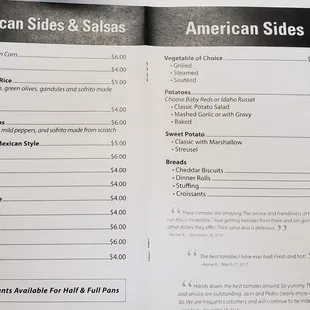 a menu for mexican sides and salsas