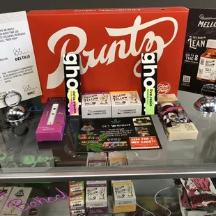 a display case full of items