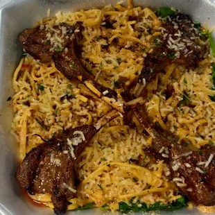 Grilled Blackened Creole lamb chops pasta
