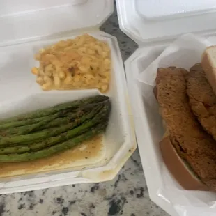 Catfish sandwich and lemon pepper asparagus and five cheese macaroni
