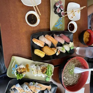 Nigiri sampler, maki rolls, and soba noodles