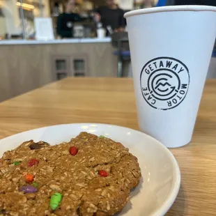 Gluten free monster cookie and an oat milk latte