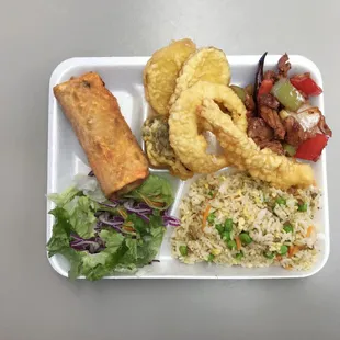3-item Combination with Fried Rice, Egg Roll, Shrimp &amp; Veg. Tempura, and Spicy Chicken.