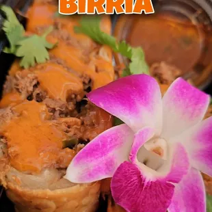 Authentic Gourmet Birria Featuring Habanero Cheese, Adobo Aioli, And Our Ono Beef Birria Consomé Dipping Sauce!