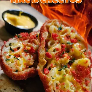 Creamy Homemade Four Cheese Mac, Coated In Extra Flammin' Hot Cheetos, And Paired With A Nacho Queso Dip And Pickled Jalapeños On The Side!