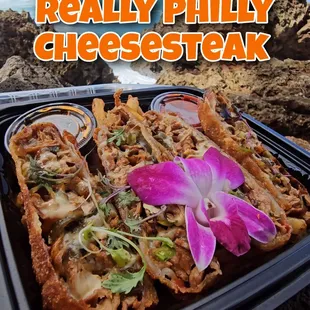 Authentic Philly Cheesesteak With A Black Truffle &amp; Garlic Aioli Drizzle And Sweet Thai Chili &amp; Sriracha Ketchup Dipping Sauces!