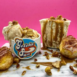 a bowl of ice cream and some desserts