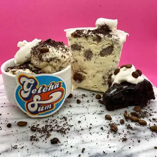 a cup of ice cream and a piece of cake