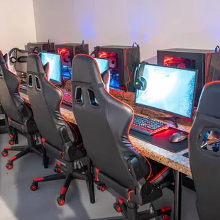 a row of gaming tables