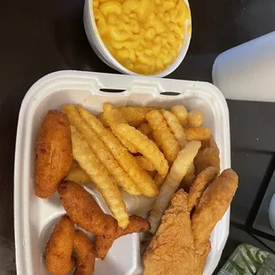 Medium tilapia with french fries hush puppies and mac &amp; cheese