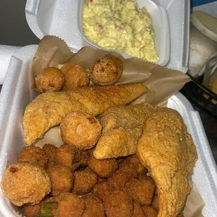 3Pcs Trout W/ Okra and Potato Salad Hushpuppies