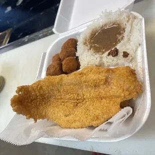 2pc Catfish W/ White Rice and Gravy hushpuppies