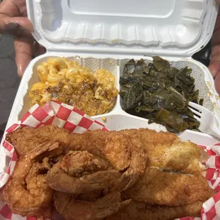 Catfish Combo Mac and Cheese and Collard Greens