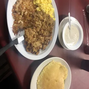 Chicken fried steak w/gravy, hash browns, scrambled eggs, &amp; pancake $9.99
