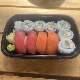 One of the combo plates - California roll, tuna and salmon nigiri.