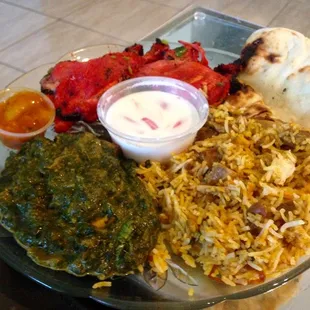 Tandoori Chicken, Goat Briyani and Sag Paneer with Naan