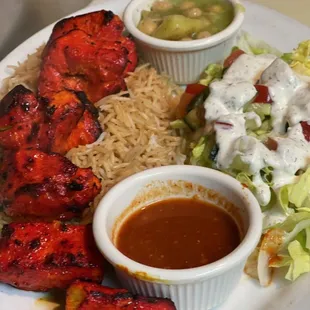 Chicken kabob w rice,salad,&amp; hot sauce!