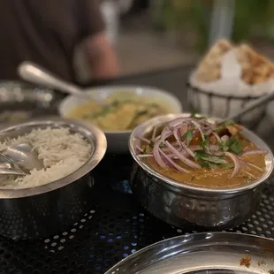 Chicken tikka masala, garlic naan and another curry