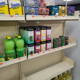 a grocery store shelf full of food