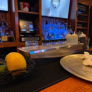 a plate of food on the bar