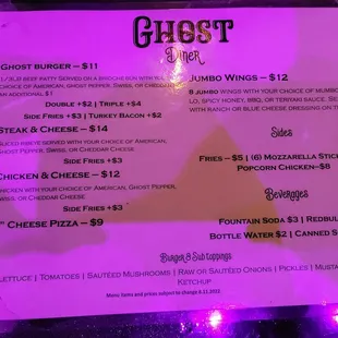 menu for ghost diner