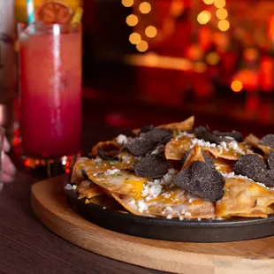 Shot of Mezcal, Mezcal Sun-Risa cocktail &amp; Truffle Nachos