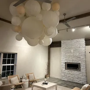 a living room with a fireplace