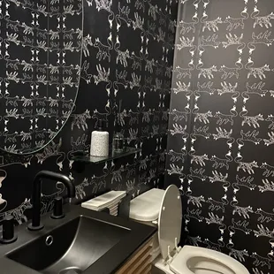 a black and white bathroom