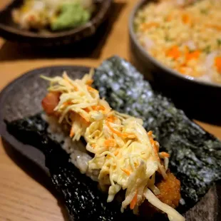 Tonkatsu Hand Roll: Berkshire pork belly, tonkatsu sauce, karashi cabbage slaw ($11).