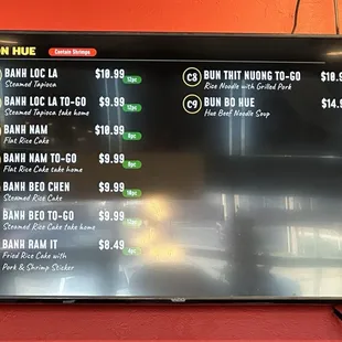 North Vietnamese food menu