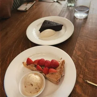 Strawberry frangipane tart with House roasted almond ice cream and chocolate nemesis with crème fraîche