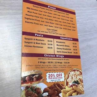 he menu for the restaurant