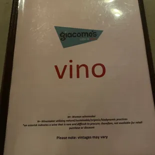 Wine menu