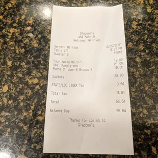 a receipt for a pizza