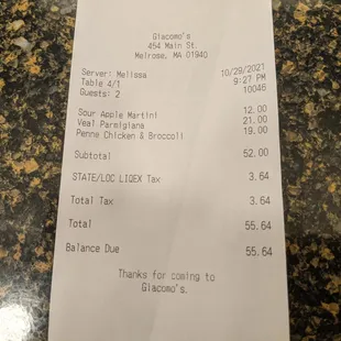 the receipt for the restaurant