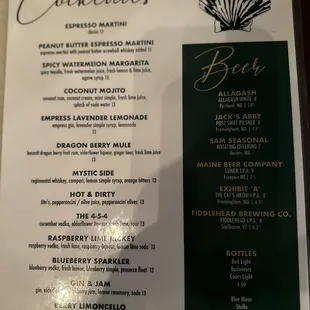 Cocktail menu