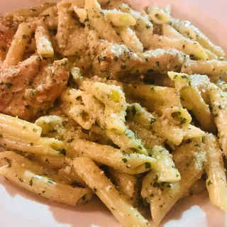 Ziti with Chicken and Shrimp in a Pesto Cream Sauce