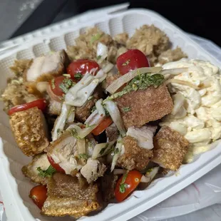 Lechon Kawali @ $15. I chose the two sides of fried rice and mac salad. Didn't know it was Pork Adobo Fried Rice until I opened the lid!