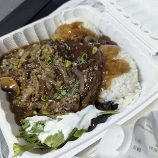 Another angle of the Hamburger Steak plate with its two homemade patties! What a bargain at $12.  8.6.24