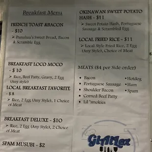 Breakfast menu
